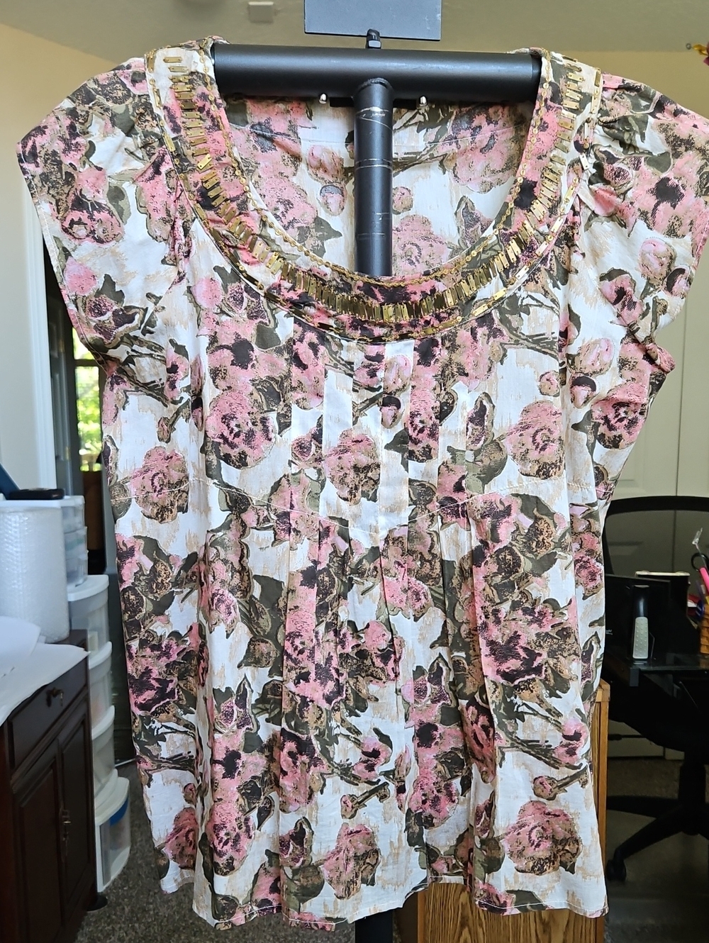 Calvin Klein Jeans Pink and Brown Floral Scoop Neck Tunic with Metallic Trim